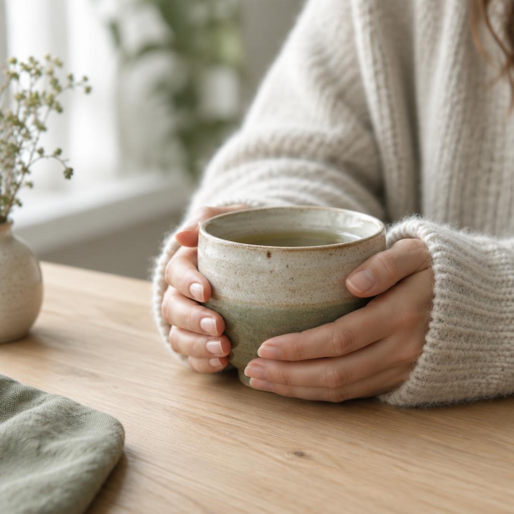 Hände halten eine handgefertigte Keramiktasse an einem hellen Holztisch